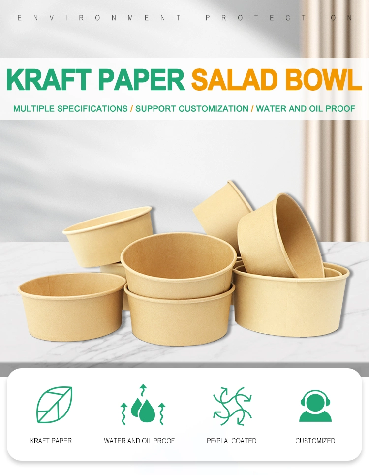 Disposable 750ml Take Away Food Box Kraft Paper Food Packaging Kraft Paper Salad Bowl with Lid